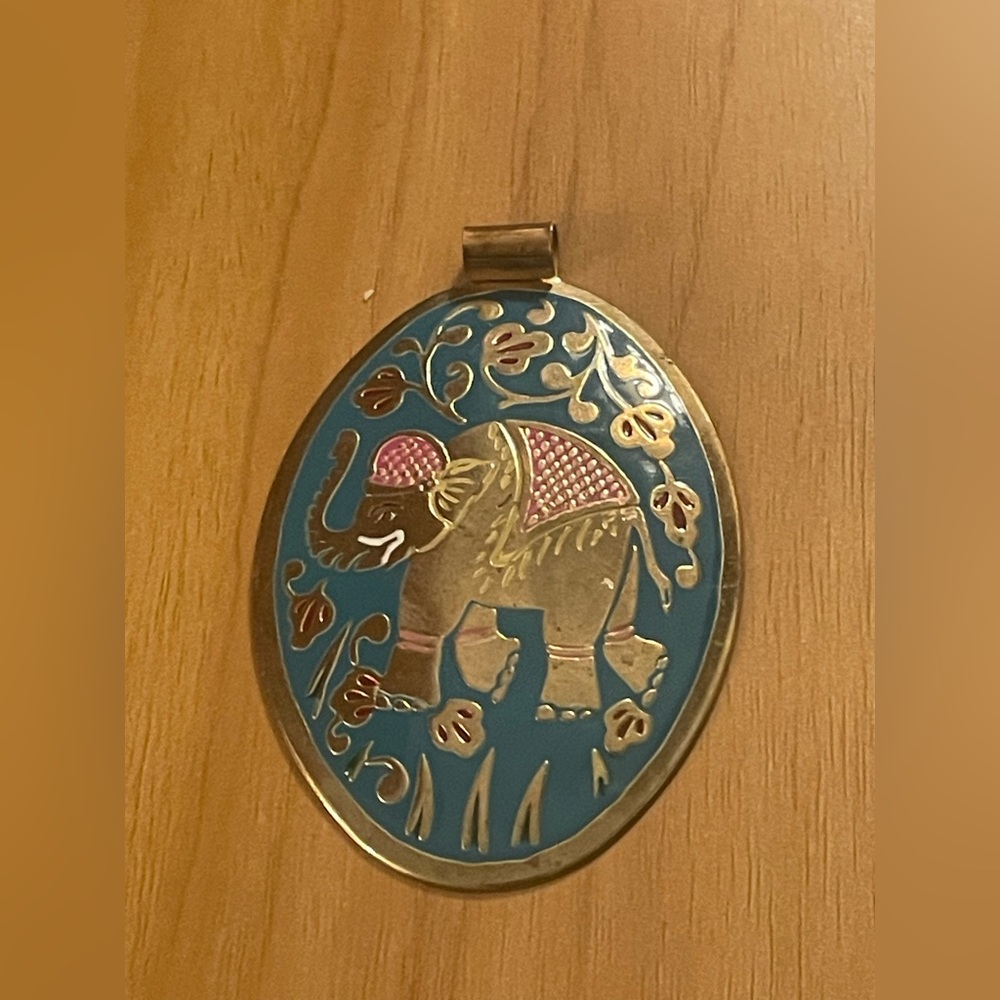 Gold-Tone Elephant Pendant Necklace with Blue and Pink Enamel